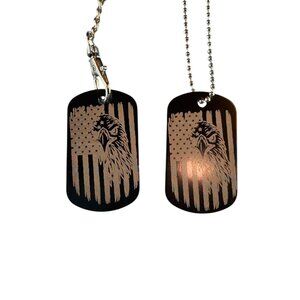 Patriotic American Eagle Dog Tag Necklace, Military Style Metal Chain, Black and